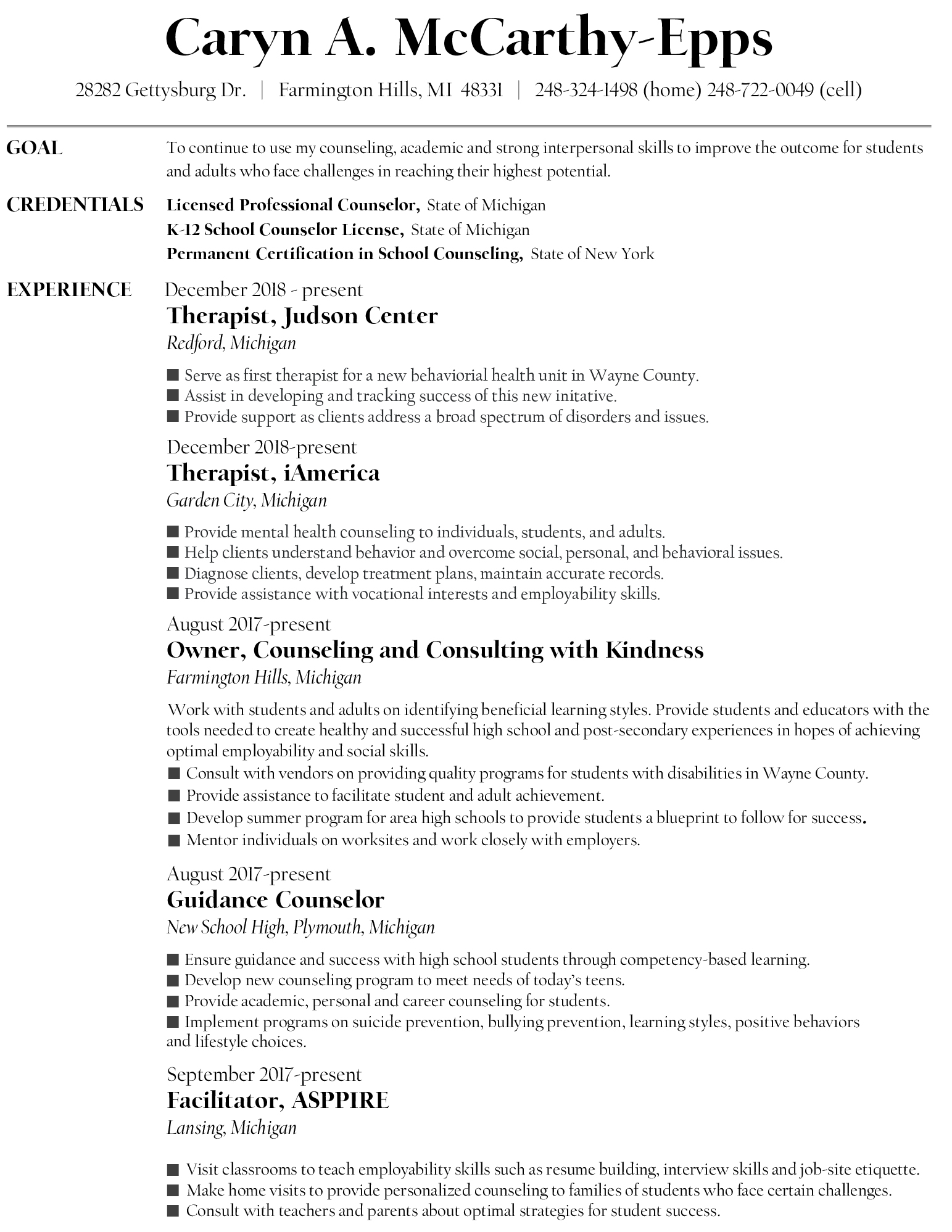 Caryn McCarthy Epps resume